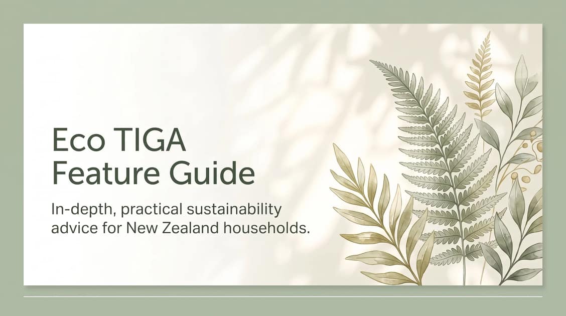 A clean, modern website banner for an eco-friendly brand called Eco TIGA. Soft sage green and warm white colour palette with subtle botanical textures.