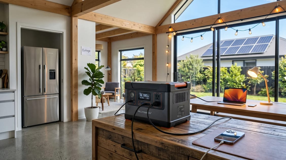 A modern ALLPOWERS R2500 V2 portable power station powering a laptop, LED lights and smartphone during a residential power outage, stylish contemporary New Zealand home interior, solar panels visible through window.