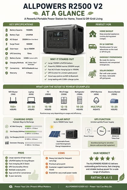 ALLPOWERS R2500 V2 infographic showing specifications, battery capacity, charging options, runtime examples, pros and cons.