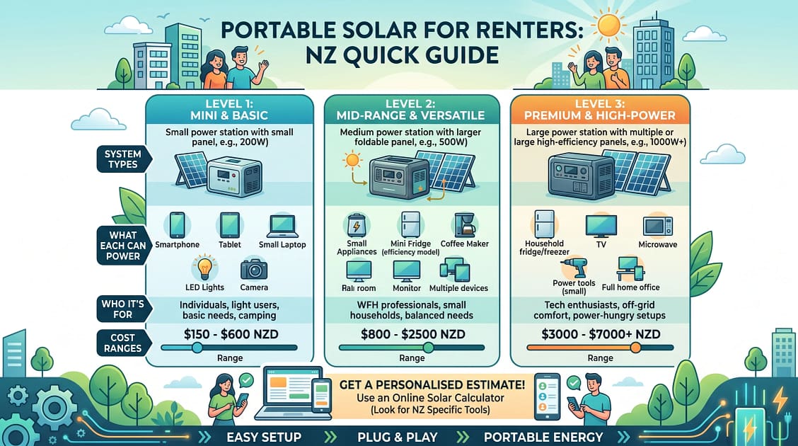 Infographic of
Portable Solar for Renters: NZ Quick Guide Includes: System types (3 levels)
Cost ranges
What each can power
Who it’s for
Solar calculator