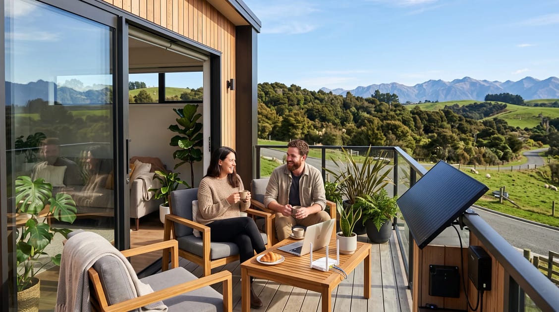 A couple enjoys coffee on the balcony of a bright, modern New Zealand townhouse with a compact solar panel mounted safely on a sunny balcony.