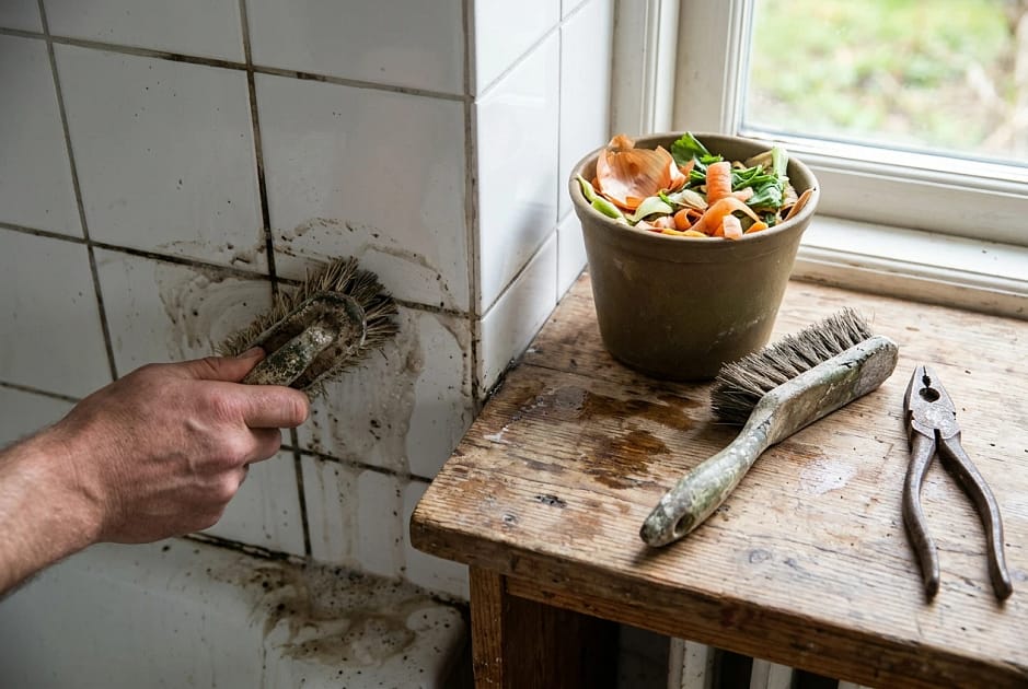 An old worn brush being reused to scrub grout between white bathroom tiles, with a second retired brush beside a small compost caddy of vegetable scraps and a pair of pliers on a wooden surface; natural daylight, earthy greens and browns.