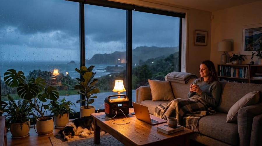 A cozy modern New Zealand living room during a stormy evening, rain hitting large windows, dark clouds outside, inside softly lit by a portable power station powering a lamp and laptop.