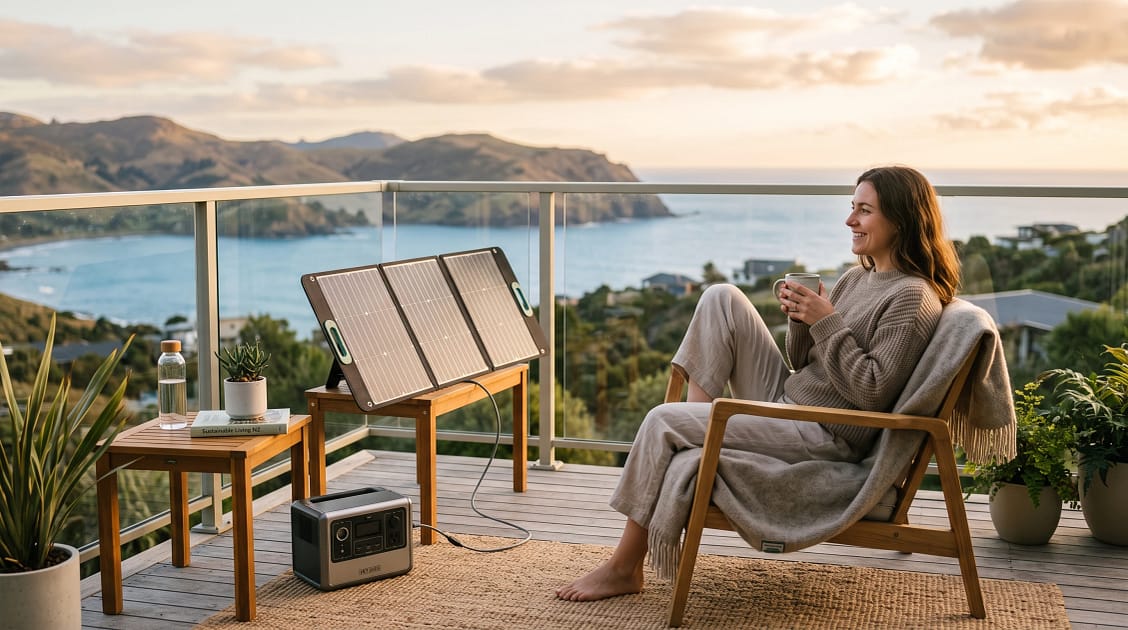 Modern eco-friendly New Zealand rental home or apartment balcony with soft sunlight, subtle portable solar panel setup.