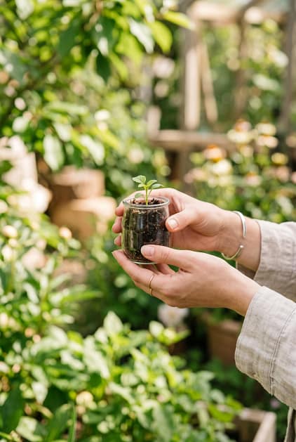 A young woman's hands holding a small glass jar filled with soil and a tiny sprout, standing outdoors in a garden
