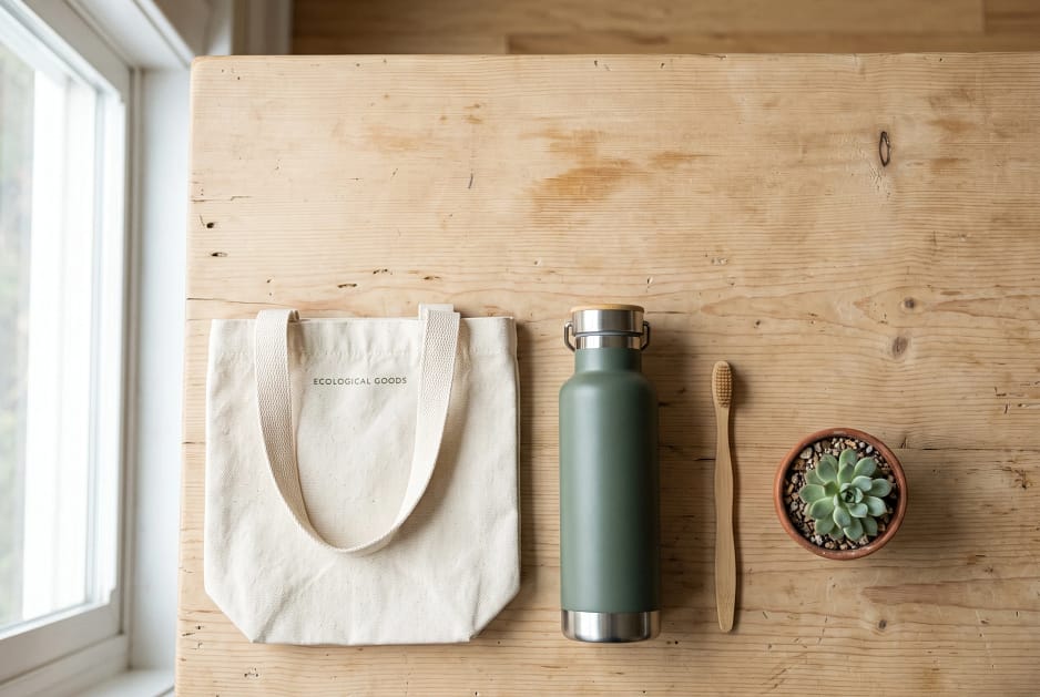 A flat-lay overhead shot of everyday eco-friendly swaps arranged neatly on a light wooden surface: a reusable water bottle, a canvas tote bag, a wooden toothbrush, and a small potted plant
