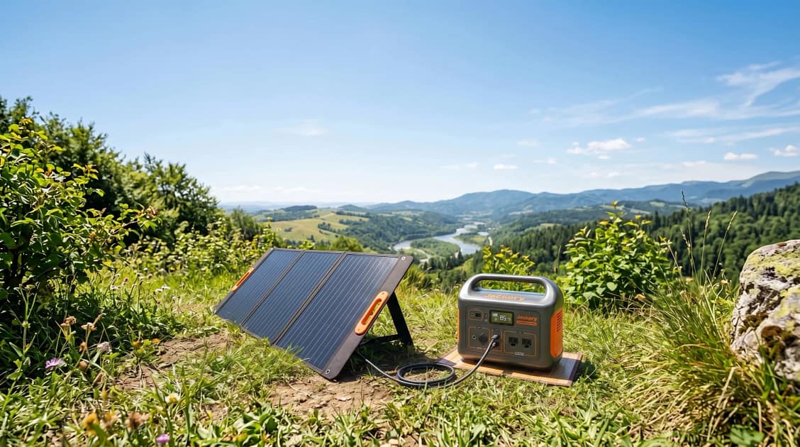 Portable solar panels connected to battery station in sunny outdoor setting.