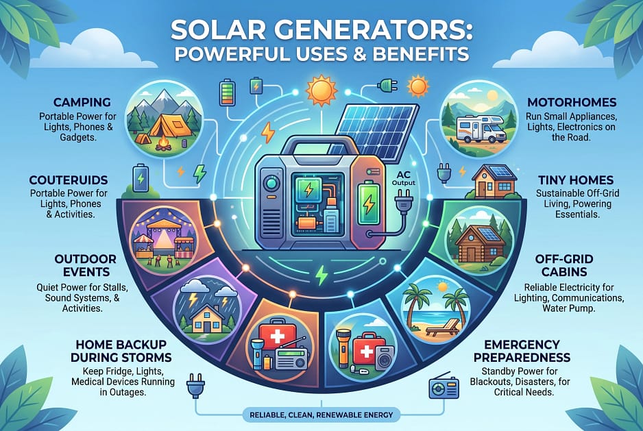 A diagram that shows the following
Solar generators are especially useful for:
Camping
Motorhomes
Tiny homes
Off-grid cabins Beach holidays
Emergency preparedness
Home backup during storms
Outdoor events