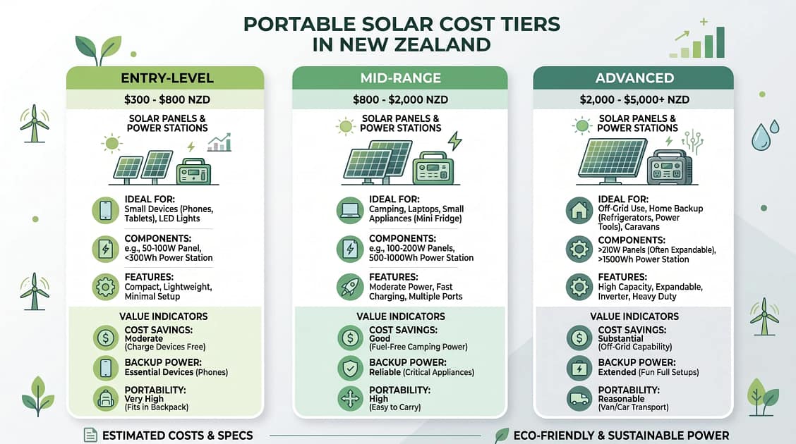 Clean modern infographic showing portable solar cost tiers in New Zealand: entry, mid-range, advanced. Include simple price bands, icons for solar panels and power stations, and value indicators like savings, backup power, and portability.