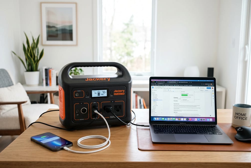 Prtable power station with cables connected to phone and laptop.