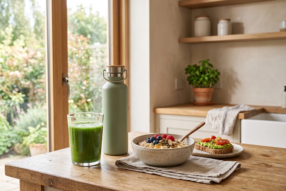 Morning kitchen scene showing a glass of green wellness drink beside a reusable water bottle, with simple healthy breakfast elements