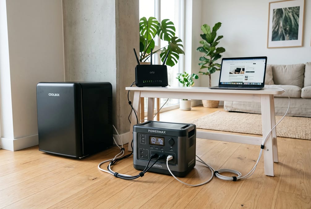 A portable power station on a clean wooden floor in a modern apartment, actively powering a fridge, Wi-Fi router, and laptop.