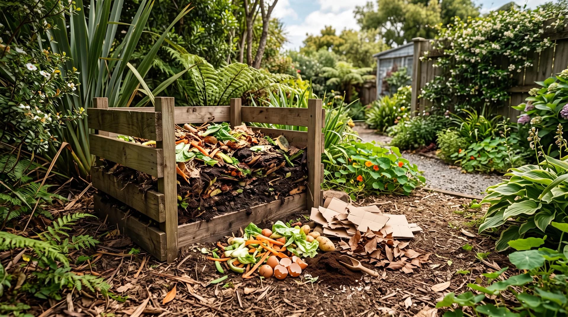 A simple open compost bin surrounded by rich green foliage, with a small collection of recognisable compostable household items nearby.