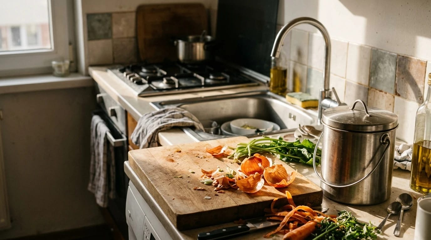 A small kitchen prep zone in warm morning light: a wooden chopping board with carrot peelings and onion skins, a lidded stainless steel caddy within arm's reach beside it, and th
