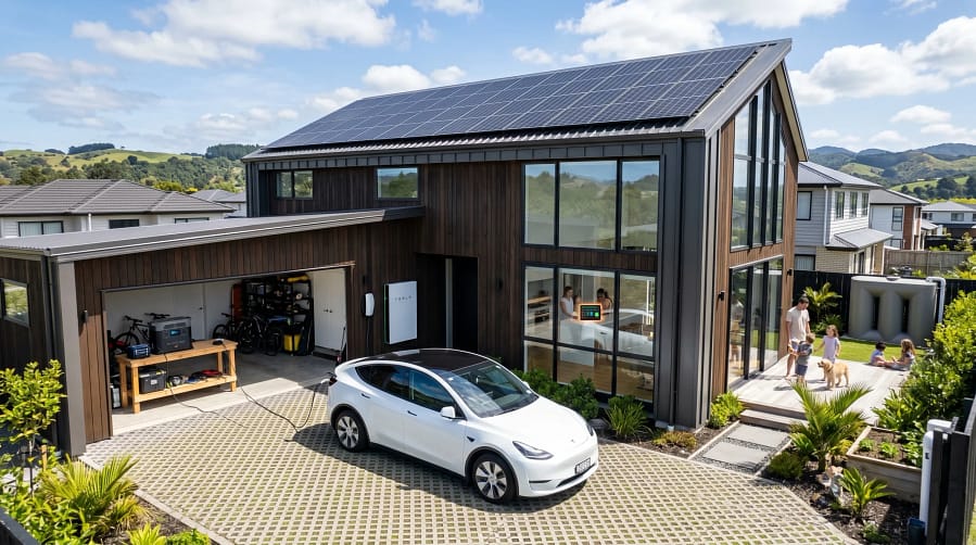 Modern New Zealand family home equipped with rooftop solar panels, home battery storage system, EV charger in driveway, portable power station visible in garage, smart energy dashboard glowing inside the house.