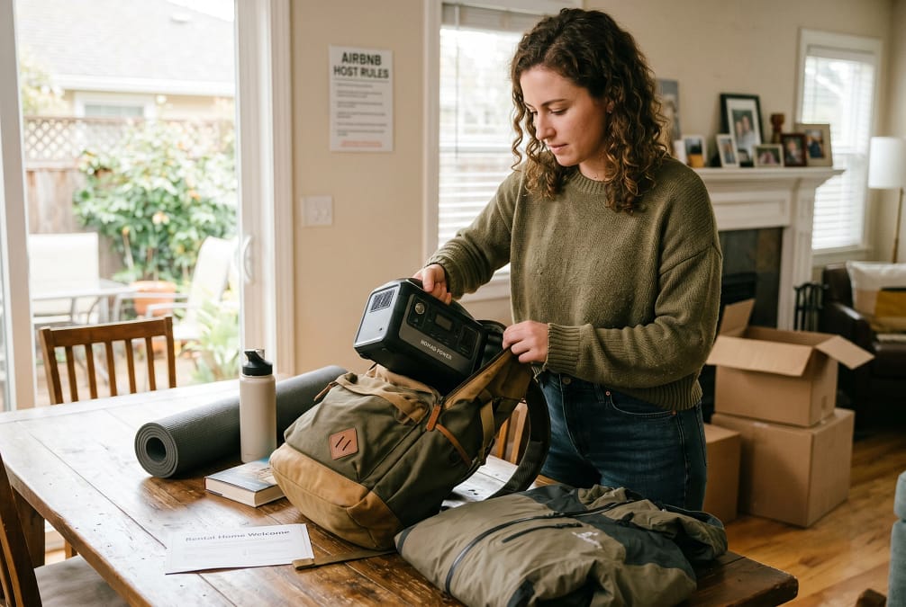 Lady in rental packing portable power station into bag.