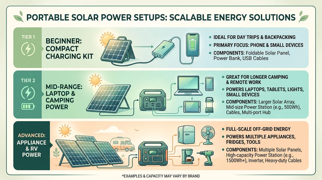 Three-tier visual infographic showing portable solar setups: small beginner kit with phone charging, mid-range kit powering laptop and devices, advanced kit powering multiple appliances.