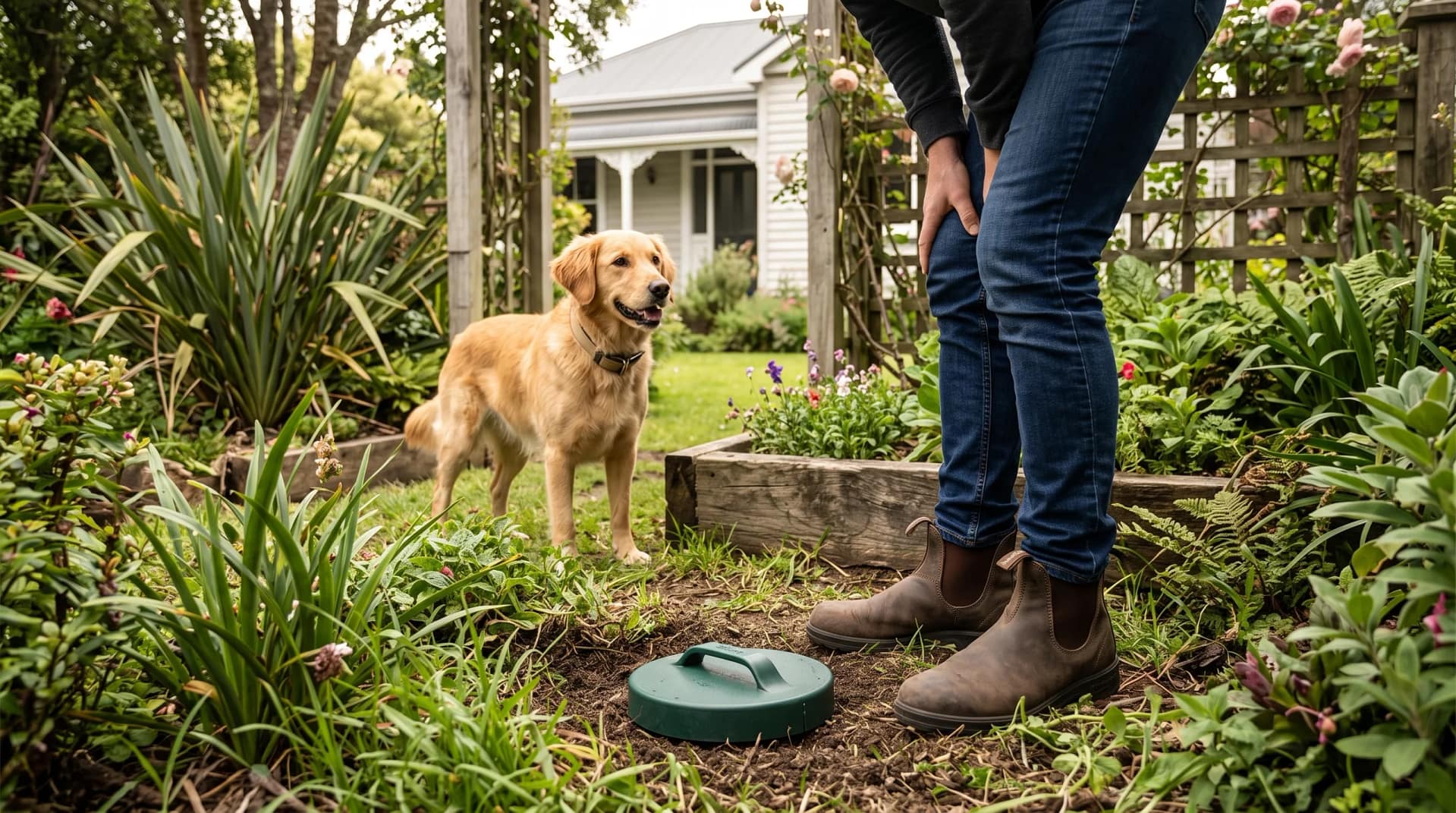 Dog owner using an in-ground pet waste composting system in a lush New Zealand home garden.