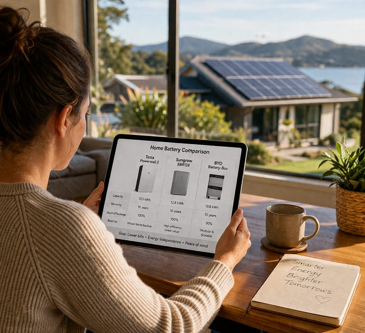 Person comparing battery specs on tablet with solar system in foreground