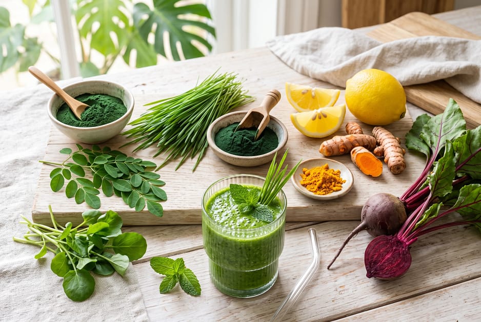 Photo of natural green wellness drink ingredients arranged beautifully on a light natural surface, spirulina powder, moringa leaves, wheatgrass, chlorella, lemon, turmeric, beetroot and fresh botanical greens, a glass of green drink nearby