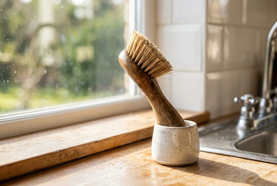 A wooden-handled dish brush standing bristles-up in a small ceramic holder on a sunny windowsill beside a sink, with air around it and a few drops of water falling from the bristle tips; soft morning light, warm wood tones against white tiles.