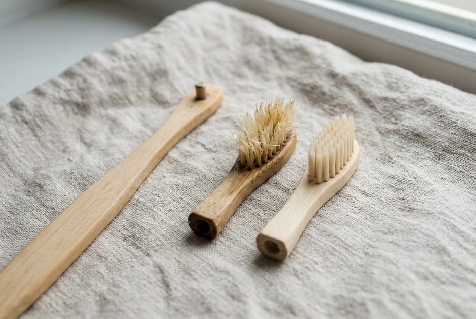 A bamboo brush handle next to two detached bristle heads, one worn, flattened and stained, the other new and pale, laid on a light linen cloth, showing the head being swapped while the handle stays; soft daylight, neutral colours.