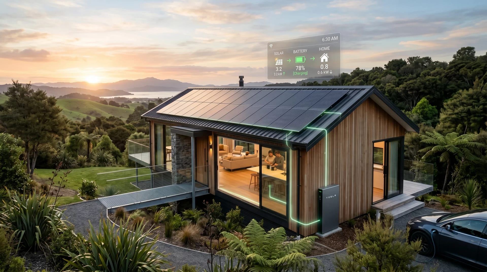 A modern eco-friendly home at sunrise in New Zealand with solar panels on the roof, a visible home battery storage unit subtly placed near the house, and soft glowing energy flow lines visually connecting solar panels, battery, and house interior