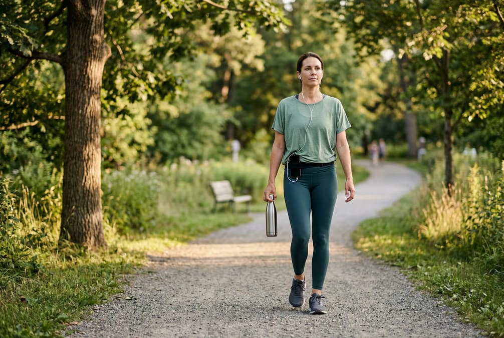 Woman wearing comfortable clothing and shoes, listening to music carrying a stainless-steel water bottle while out walking