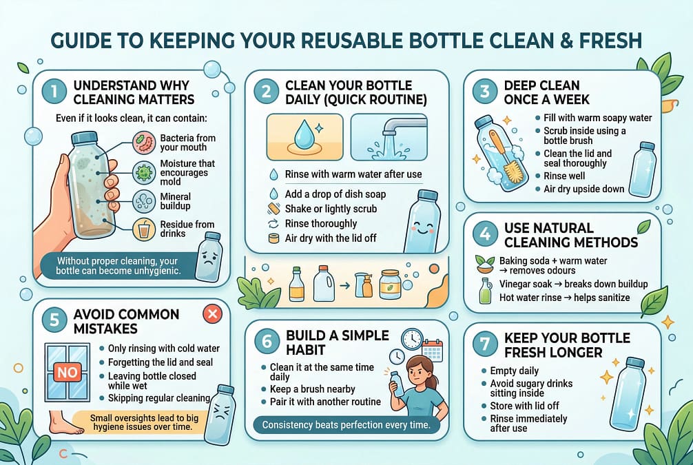 Infograph showing 7 steps for cleaning reusable water bottle.