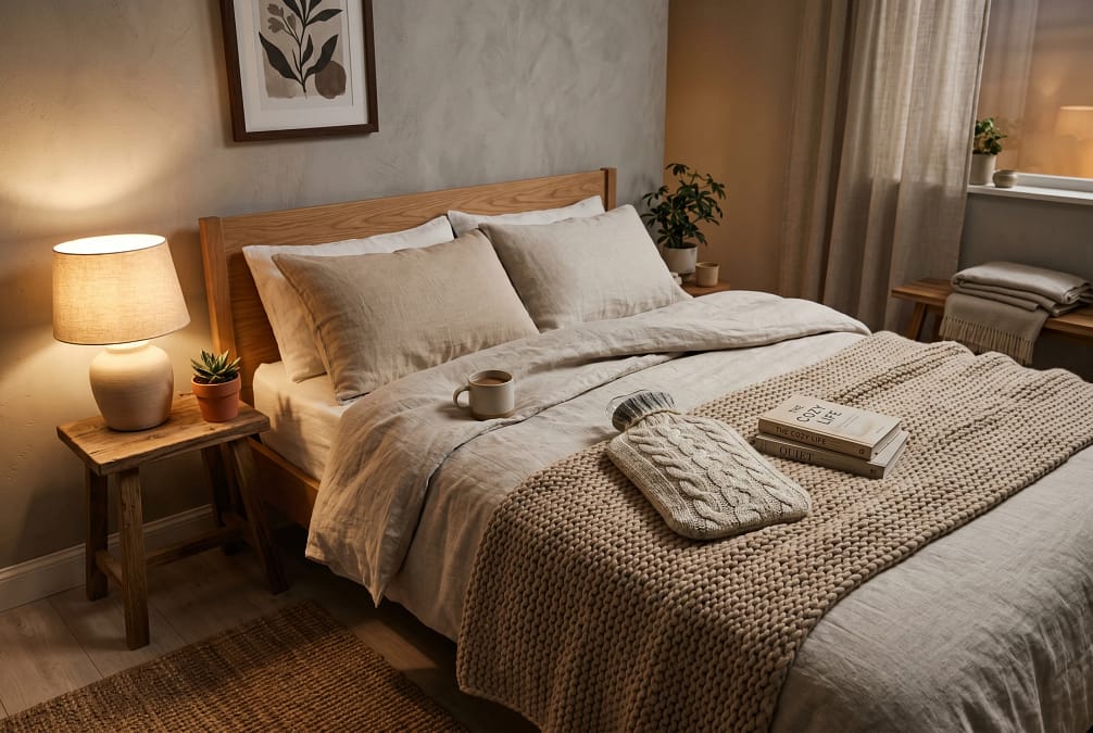 Cozy bedroom scene, eco hot water bottle with knitted cover on bed, warm lighting, neutral tones