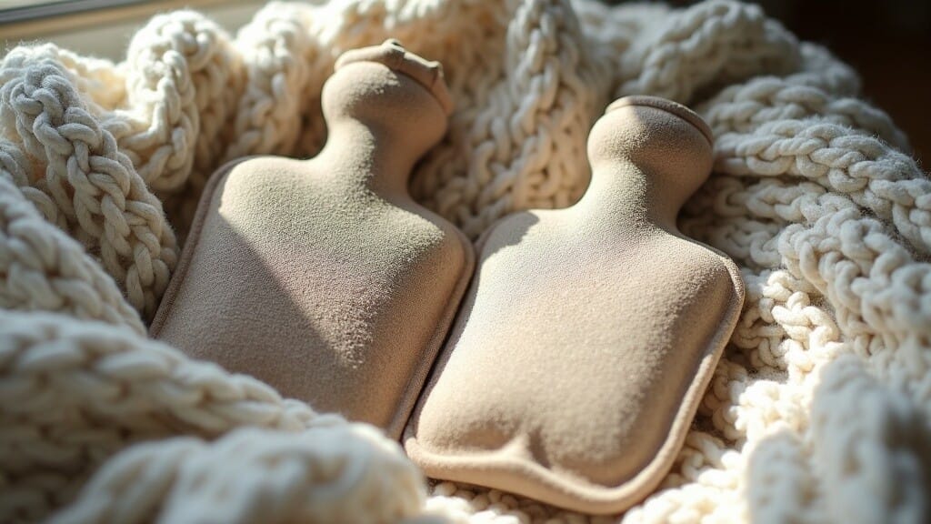 2 Hugo Frosch 2L Eco Hot Water Bottles nestled in cosy wool rug.