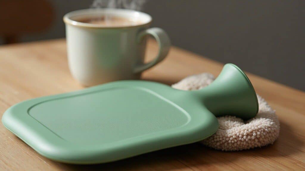 Eco hot water bottle on table with cup of hot drink and bottle cover