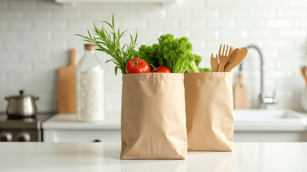 paper shopping bags full of fresh veges on kitchen bench