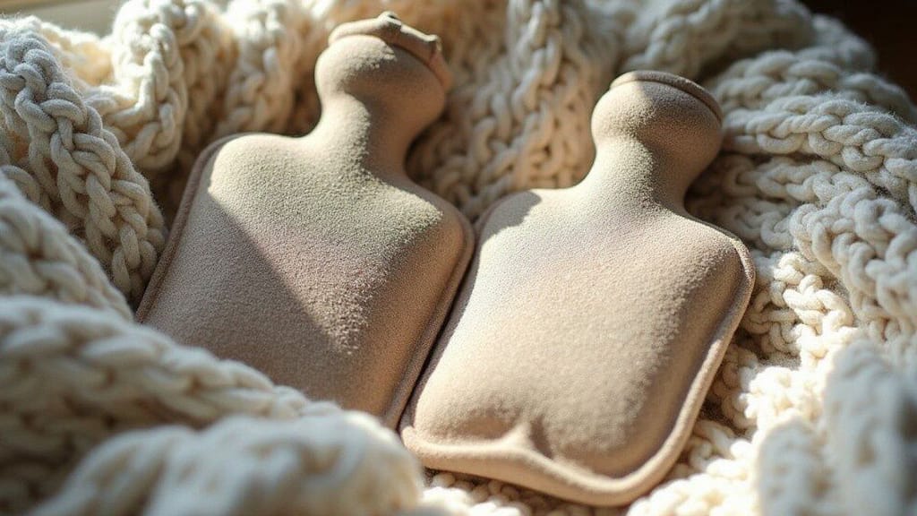 2 Hugo Frosch 2L eco hot water bottles nestled in cosy wool rug.