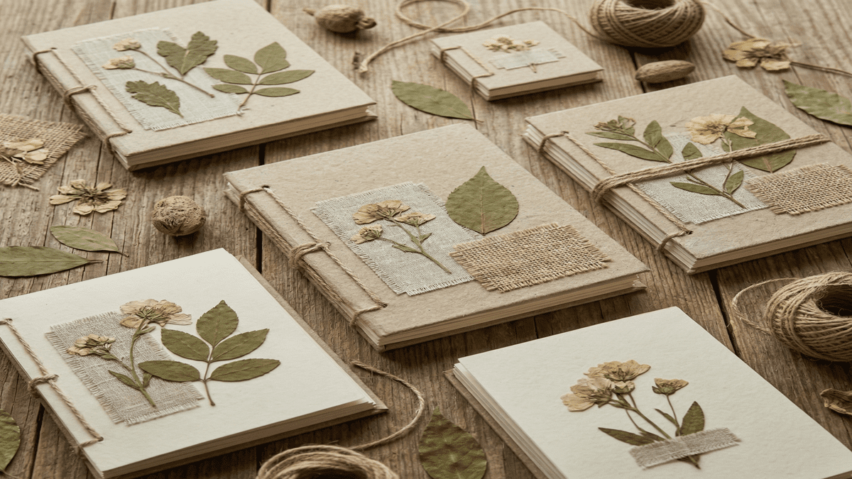 Flat lay of handmade eco-friendly journals crafted from recycled paper and cardboard, natural twine binding, pressed leaves and fabric scraps, on a rustic wooden table