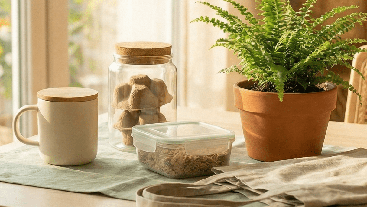 Image of reusable sustainable products on a dining table next to a window