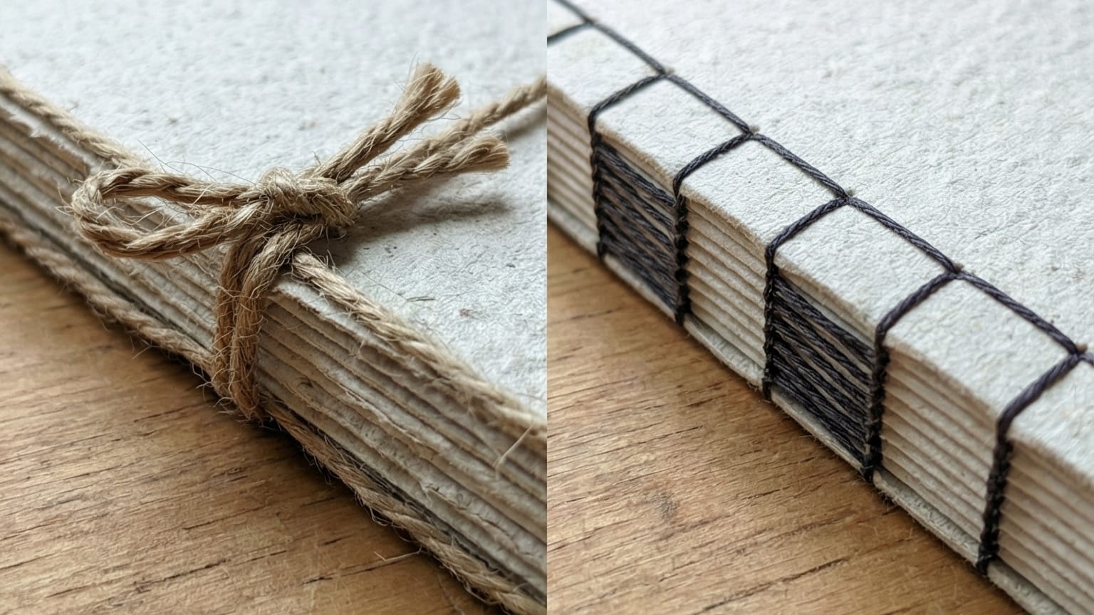 Close-up of different sustainable journal binding techniques including twine binding, Japanese stab stitch, saddle stitch, natural fibre cords
