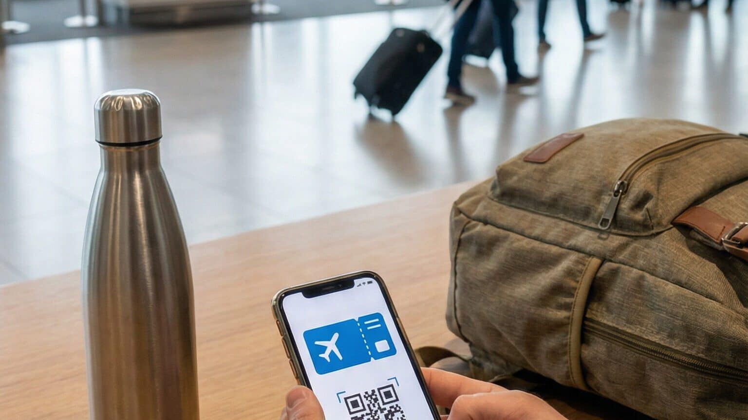 Image of person in an airport holding a have saved them digitally on their smartphone with their travel reservations saved digitally with other travel accessories next to them on a table.