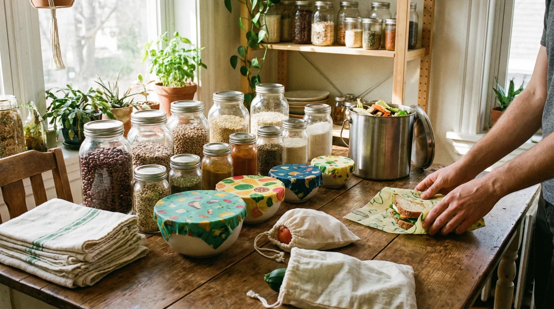 Zero waste kitchen swaps displayed on a wooden table including reusable containers beeswax wraps glass jars a compost bin and cloth towels