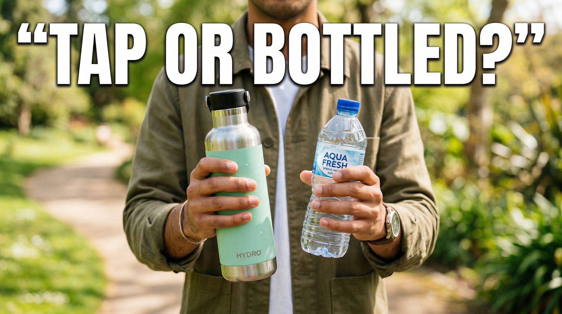 A person holding a reusable water bottle in one hand and a plastic bottled water in the other. Overlay text: “Tap or Bottled?