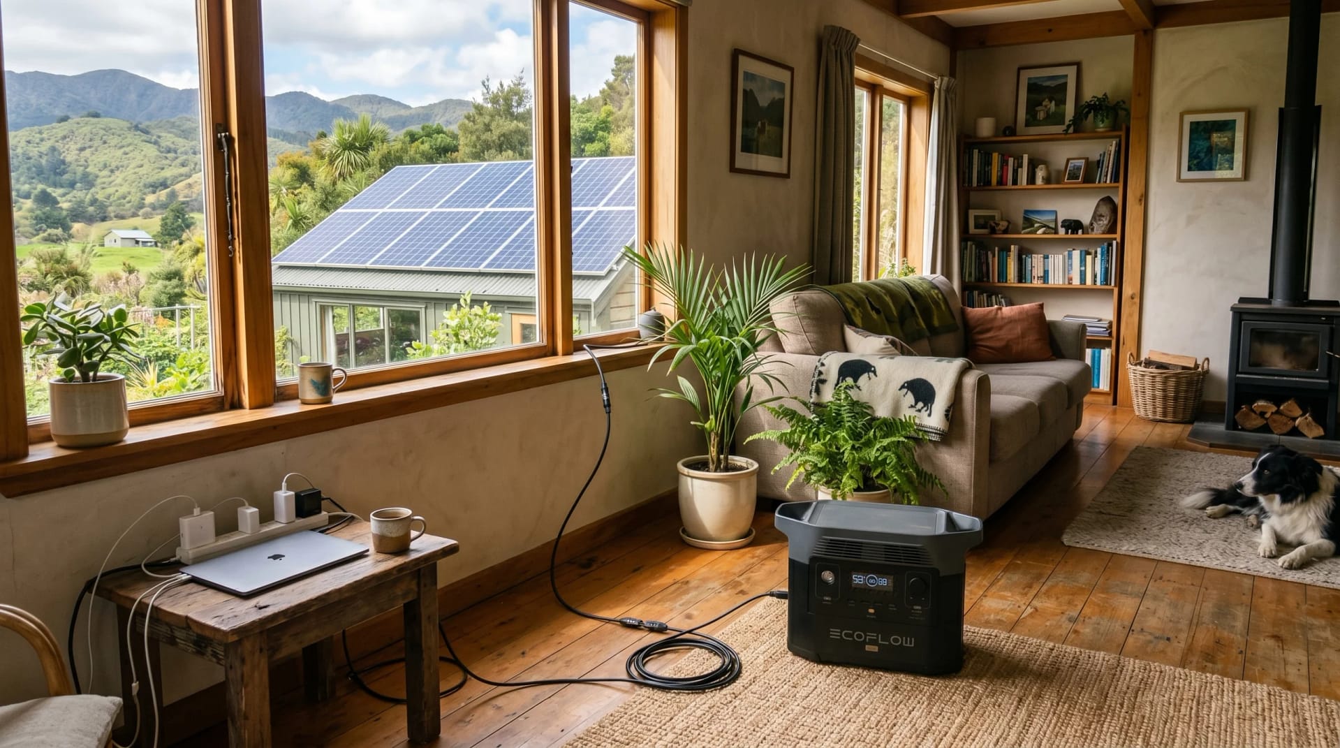 New Zealand rental home interior with portable power station on floor powering devices