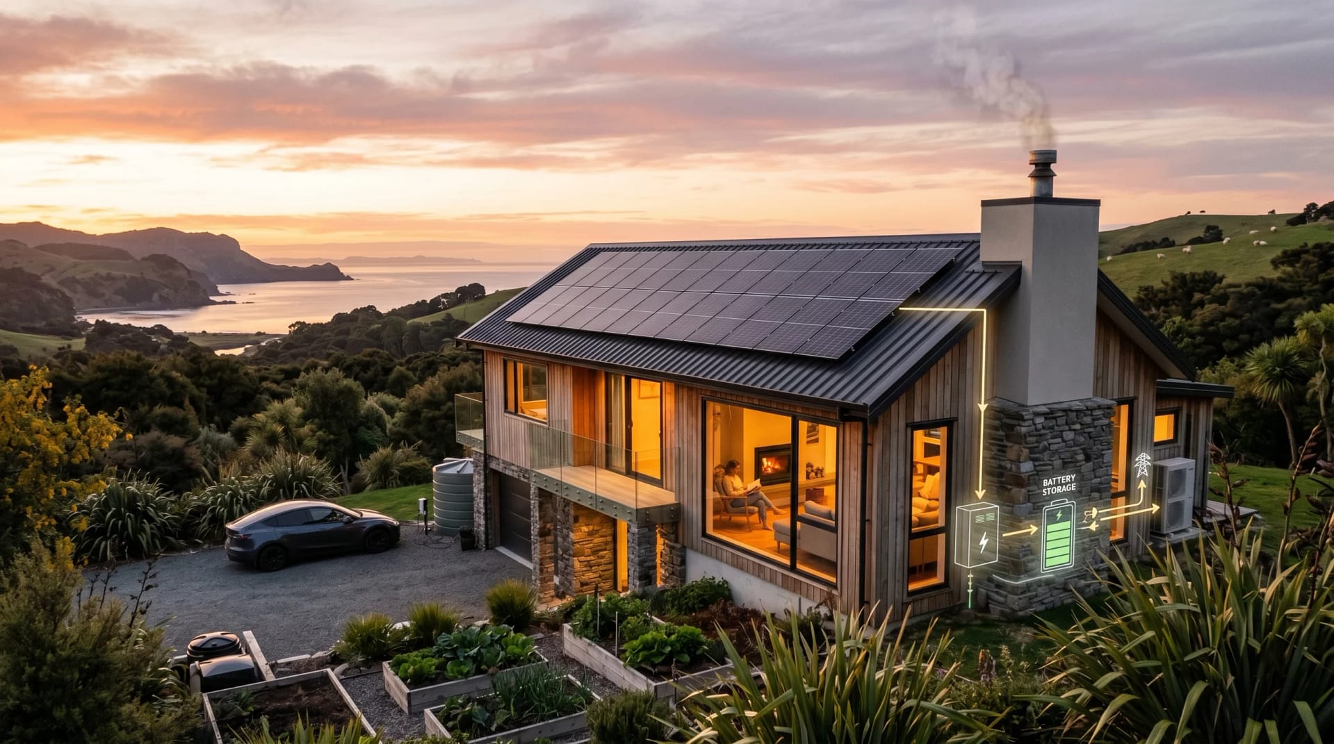 Eco-friendly New Zealand home with solar panels, visible chimney with wood fire, warm glowing windows at sunset, subtle battery concept overlay
