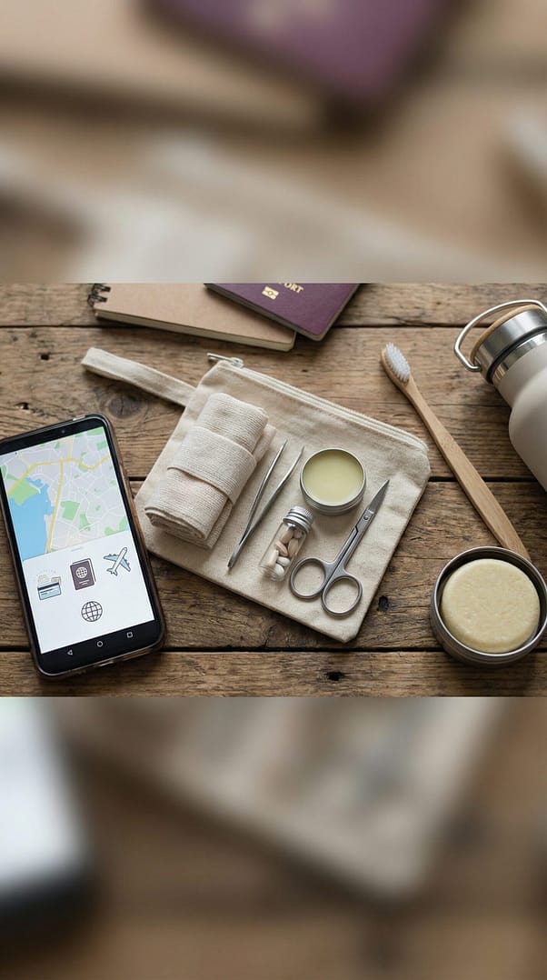 Image of a compact first aid kit with reusable items like cloth bandages, metal tweezer and a refillable pill container next to other travel accessories on a table.