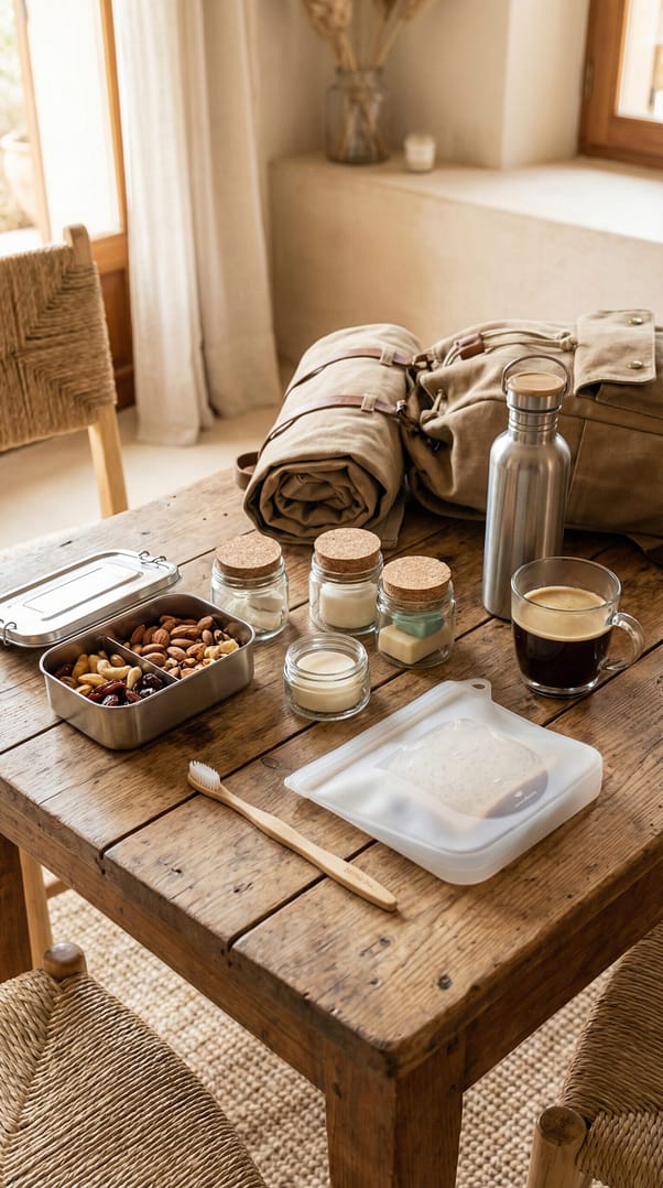 Image of durable, reusable containers for toiletries, snacks, and other travel essentials on wooden coffee table.