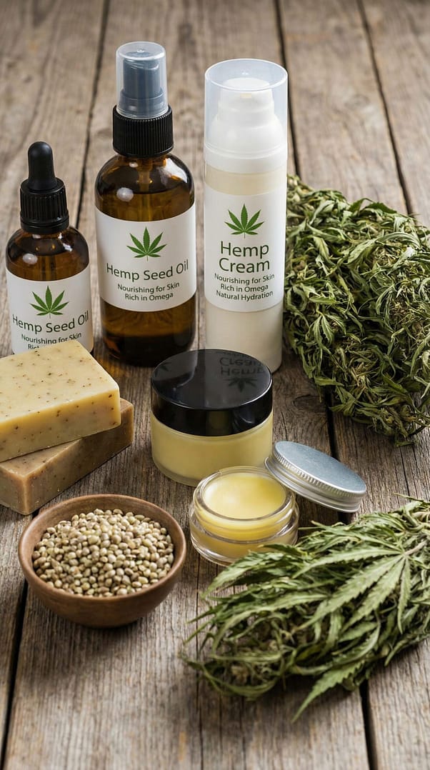 Image of a selection of Hemp seed products and hemp bud and leaves