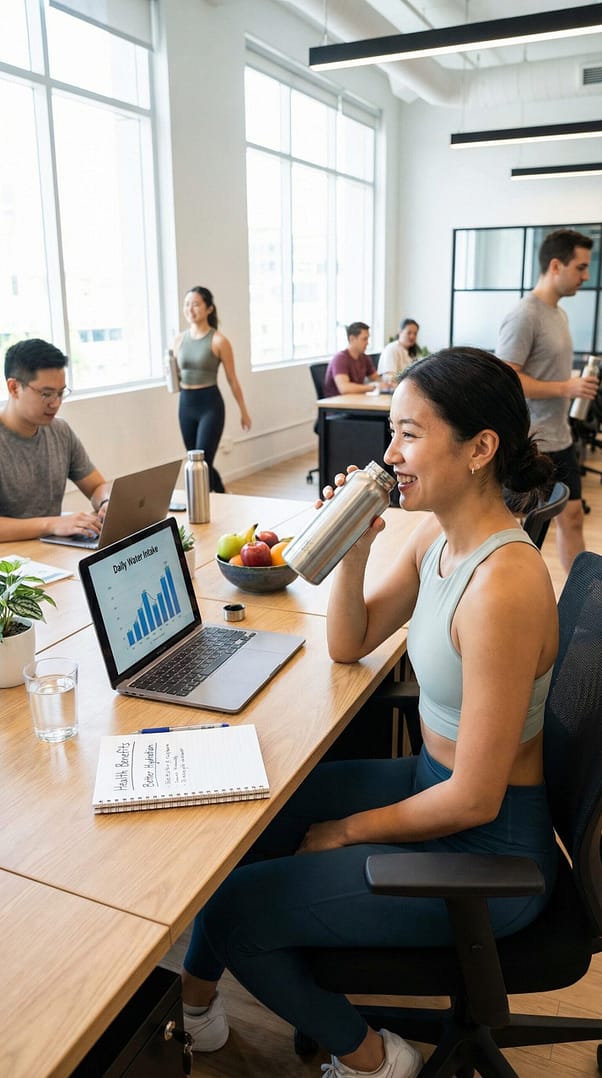 Lady sitting on a park bench holding a stainless-steel reusable bottle Image of people in a library setting carrying and drinking from reusable bottles to stay hydrated throughout the day.