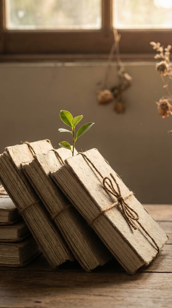 Artistic sustainable concept image showing a small green tree or plant gently emerging from a stack of handmade recycled paper journals, journals made from cardboard and scrap paper with natural twine binding, soft golden natural light.