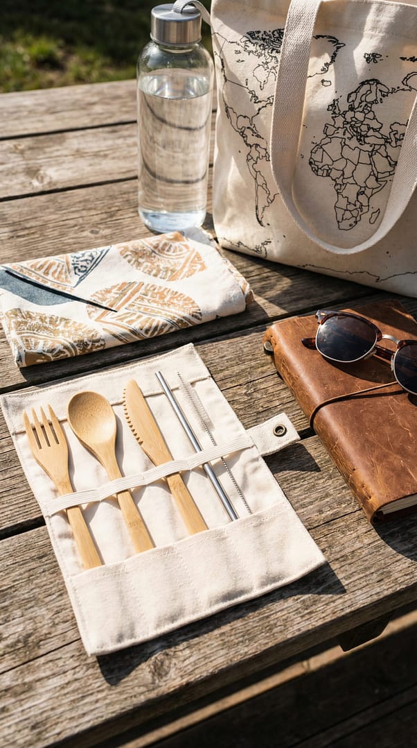 Image of a set of reusable utensils, a stainless-steel straw, and a cloth napkin next to other travel accessories on a wooden table.
