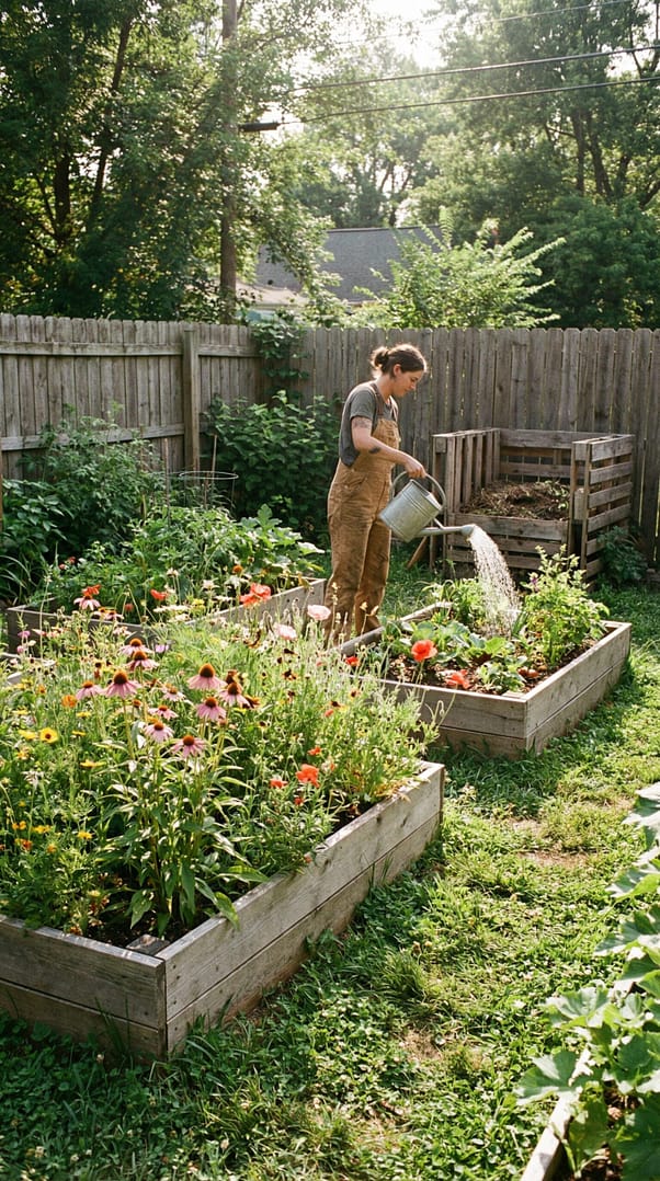 Backyard eco garden filled with native plants and wildflowers, raised wooden garden beds, compost bin in corner, person watering plants with metal watering can, butterflies and bees visible, lush greenery, rustic wooden fence, natural sunlight.