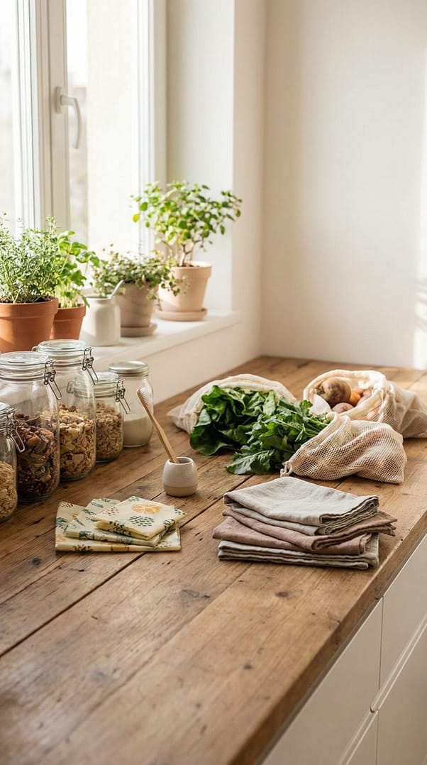 Bright, airy modern kitchen with natural light streaming through a window, a wooden countertop styled with reusable glass jars, beeswax wraps, bamboo toothbrush, reusable produce bags filled with vegetables, minimal packaging products, linen cloths.